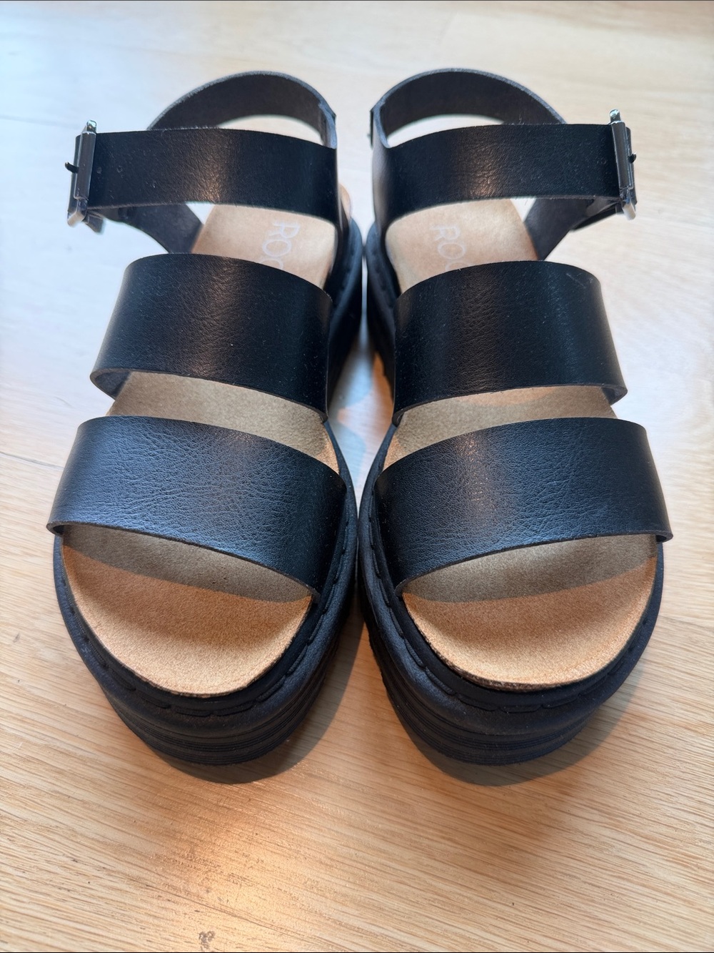 Roolee Black Triple-Strap Platform Sandals - Picture 1 of 4